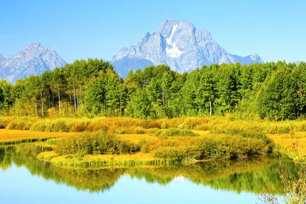 Oxbow Bend gündoğumu yansıma sonbahar renkleri, Grand Teton Milli Parkı, Wyoming