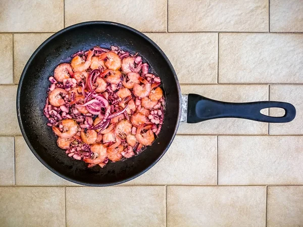 Fried Seafood Pan Top View — Stock Photo, Image