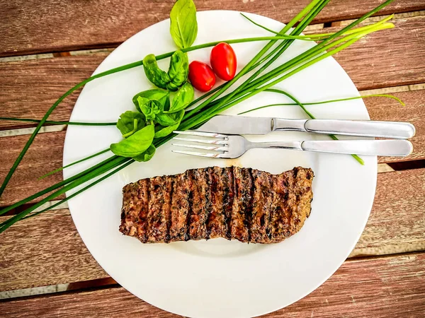 Grilled Lamb Fillet Pieces Plate Green Top View — Stock Photo, Image