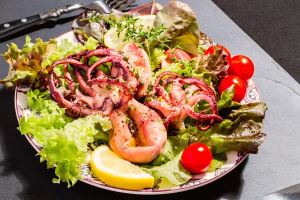 Octopus Blue Plate Salad Lemon Black Slate — Stock Photo, Image