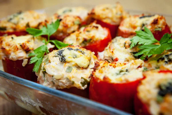 Stuffed Pepper Chicken Fillet Brown Rice Vegetables Herbs Dietary Dish — Stock Photo, Image