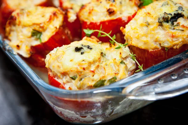 Stuffed Pepper Chicken Fillet Brown Rice Vegetables Herbs Dietary Dish — Stock Photo, Image