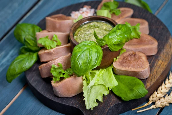 Boiled Beef Tongue Dark Wooden Table Pesto Salad — Stock Photo, Image