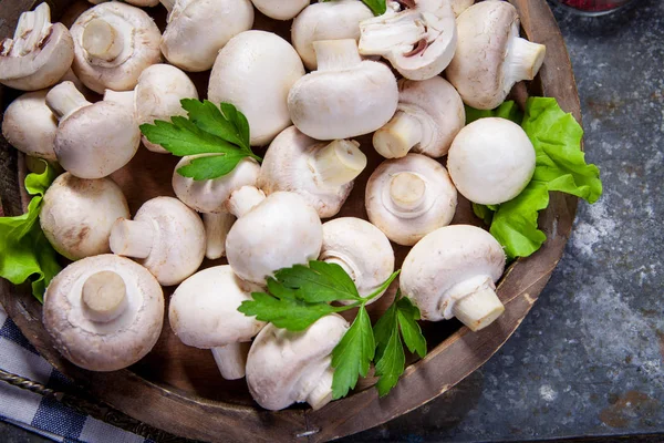 Fresh Champignon Mushrooms Wooden Table — Stock Photo, Image