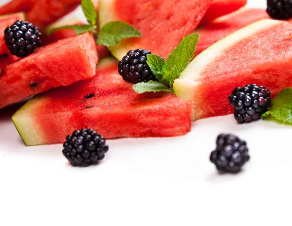 Wassermelonenscheiben Und Minzblätter Hintergrund Gesunde Vegetarische Kost — Stockfoto