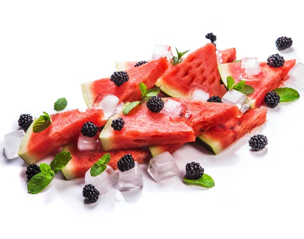 Szelet Görögdinnye Menta Levelek Háttér Egészséges Vegetáriánus Ételek — Stock Fotó