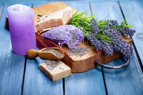 Ambiente Spa Alla Lavanda Tema Benessere Con Prodotti Alla Lavanda — Foto Stock