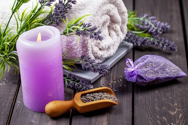 Lavendel Spa Setting Velferdstema Med Lavendelprodukter – stockfoto