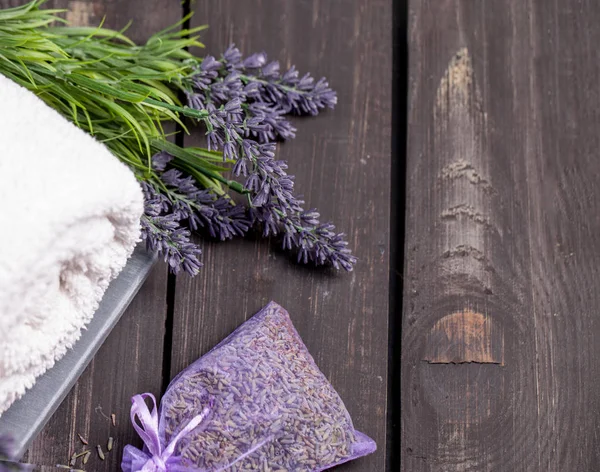 Lavendel Spa Inställning Wellness Tema Med Lavendel Produkter — Stockfoto