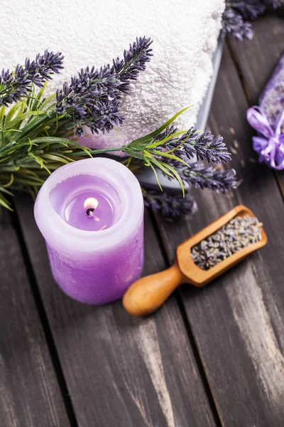 Lavendel Spa Inställning Wellness Tema Med Lavendel Produkter — Stockfoto