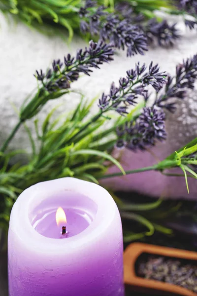 Lavendel Spa Inställning Wellness Tema Med Lavendel Produkter — Stockfoto