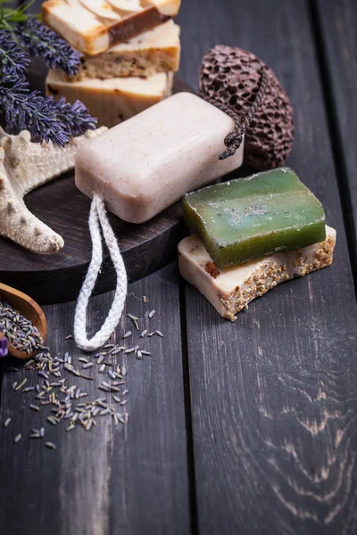 Ambiente Spa Lavanda Tema Bem Estar Com Produtos Lavanda — Fotografia de Stock