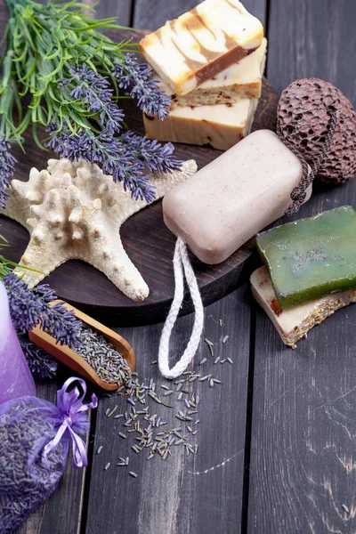 Lavendel Spa Inställning Wellness Tema Med Lavendel Produkter — Stockfoto