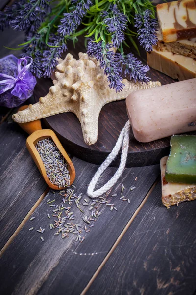 Lavendel Spa Inställning Wellness Tema Med Lavendel Produkter — Stockfoto