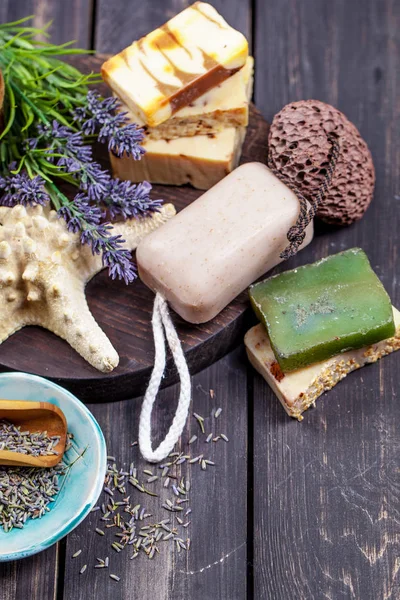 Lavendel Spa Inställning Wellness Tema Med Lavendel Produkter — Stockfoto