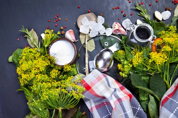 Ovanifrån Aromatiska Kryddor För Konservering Grönsaker Mörk Bakgrund — Stockfoto