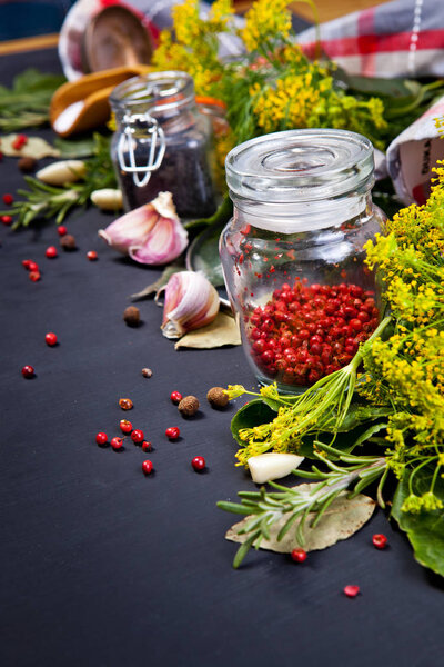Food composition of various of herbs, pepper, garlic and salt on dark background with copy space