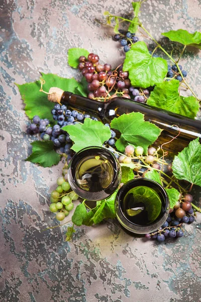 Wino Butelce Okulary Różne Rodzaje Winogron Betonowe Podłoże — Zdjęcie stockowe
