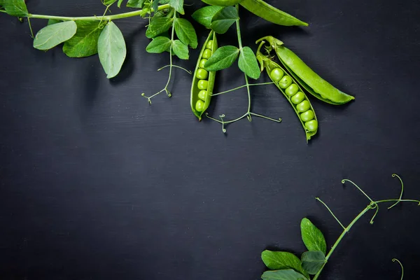 Green peas on black slate background, top view