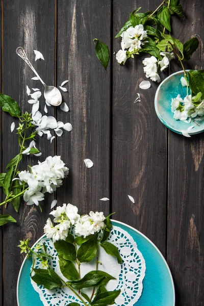 Witte Bloemen Van Jasmijn Houten Achtergrond Arabische Jasmijn Bloemen — Stockfoto