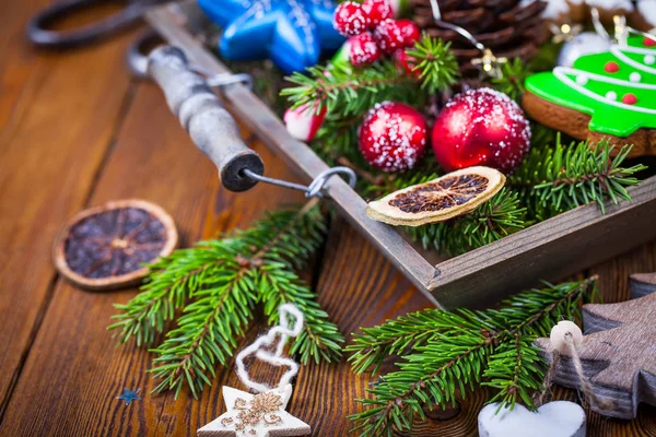 Christmas Decorations Fir Branches Dark Wooden Background — Stock Photo, Image