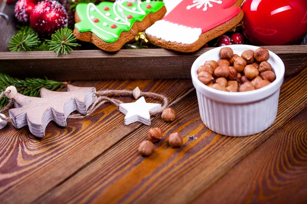 Christmas Desserts Decorations Dark Wooden Background — Stock Photo, Image