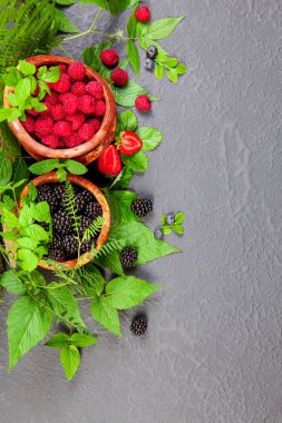 Tahta kasede taze meyveler. Sulu ve taze yabanmersinli böğürtlen 6 böğürtlen ve ahududu kırsal alanda yeşil yapraklı. Sağlıklı yeme ve beslenme konsepti