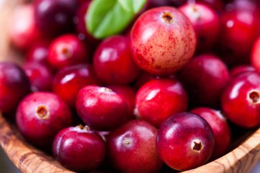 Ahşap kase, seçici odak taze kırmızı kızılcık hasat. Sonbahar konsepti