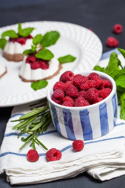 Postre Cuajada Chocolate Sin Azúcar Con Frambuesas Frescas Menta Alimentación —  Fotos de Stock