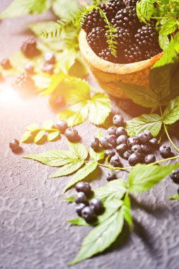 Tahta kasede taze meyveler. Sulu ve taze yabanmersinli böğürtlen 6 böğürtlen ve ahududu kırsal alanda yeşil yapraklı. Sağlıklı yeme ve beslenme konsepti