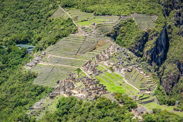 Widok Lotu Ptaka Machu Picchu Szczytu Huayna Picchu — Zdjęcie stockowe