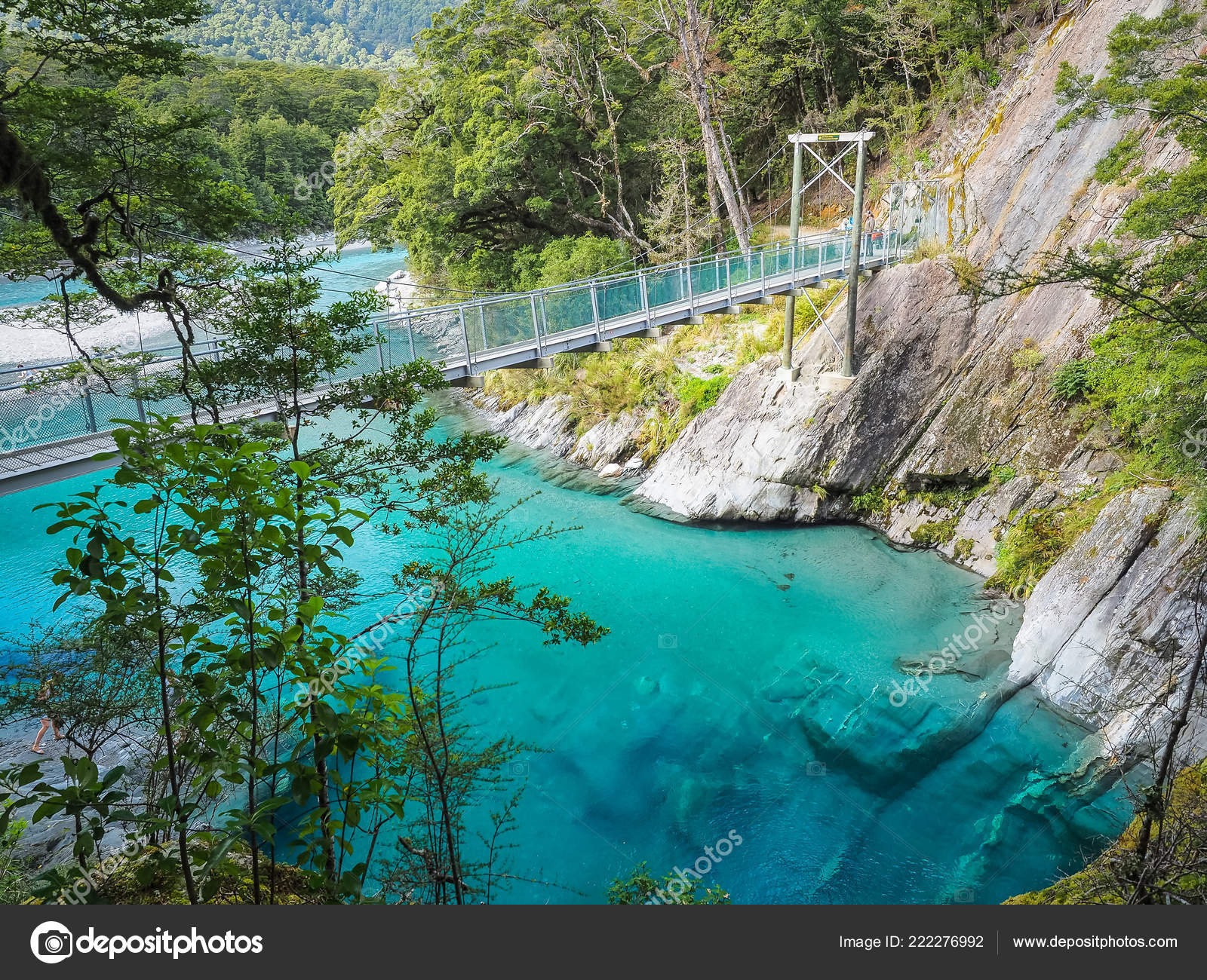 Swing Bridge Blue Pool New Zealand Stock Photo C Robertchg