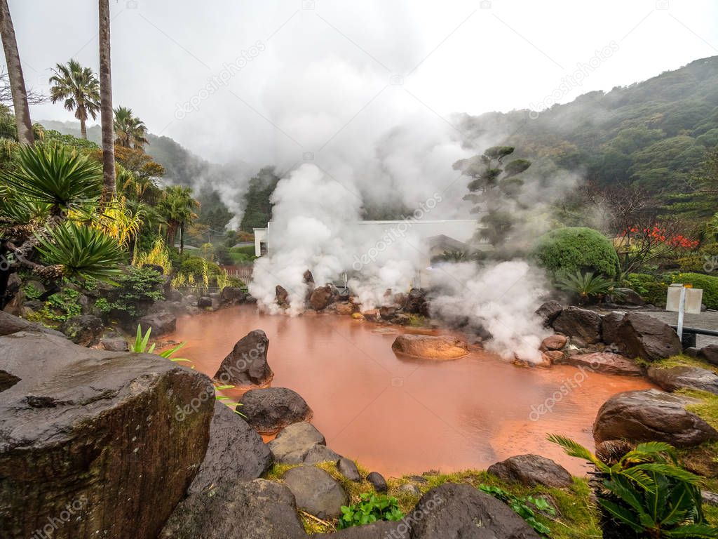 The red thermal pool in Umi Jigoku, the sea hell in Beppu City.