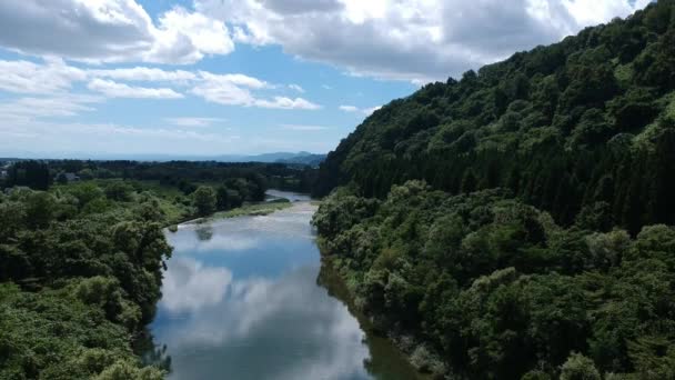 Aerial View Japan Natur Blå Himmel Flodlandskap — Stockvideo