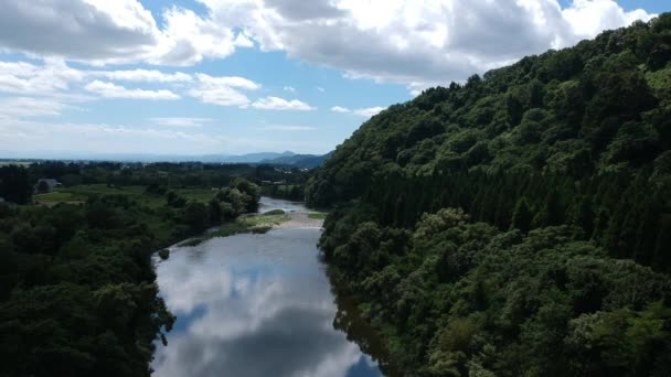 Aerial View Japan Natur Blå Himmel Flodlandskap — Stockvideo