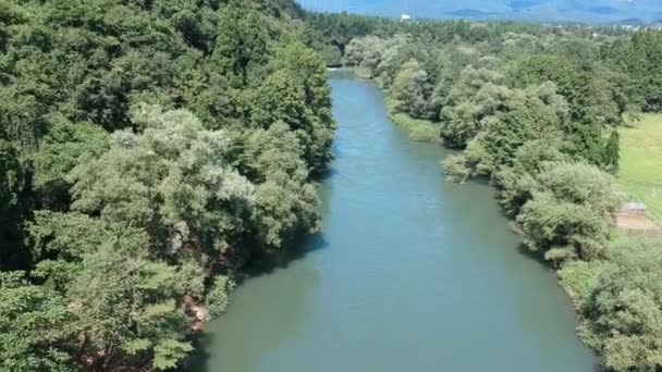 Вид Воздуха Прекрасный Природный Пейзаж Голубое Небо Река Горы — стоковое видео