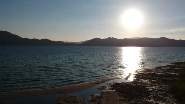 Vista Aérea Dramático Pôr Sol Lago Tazawako Praia — Vídeo de Stock