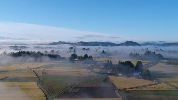 Aerial View Beautiful Morning Foggy Landscape Akita Japan — Stock Video