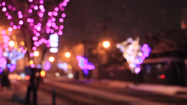 Luces Decoración Invierno Noche Nevada — Vídeo de stock
