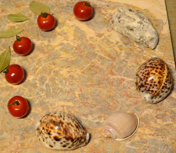 Presentation Surface Vegetables Seashells Egg Marble Surface Cherry Tomatoes Bay — Stock Photo, Image