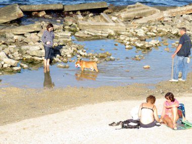 Odessa, Ukrayna - 10 02 2019: Karadeniz kıyısında güneşli bir sonbahar günü