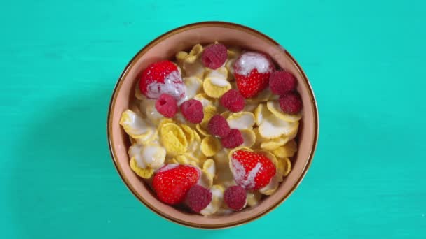 Colorful breakfast on the blue background — Stock Video