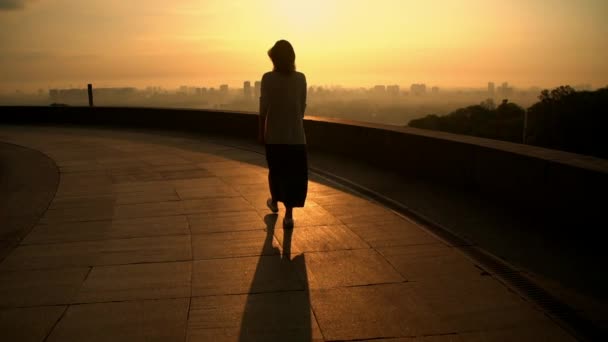 Takaisin näkymä nainen kävelee pitkin mäkeä — kuvapankkivideo