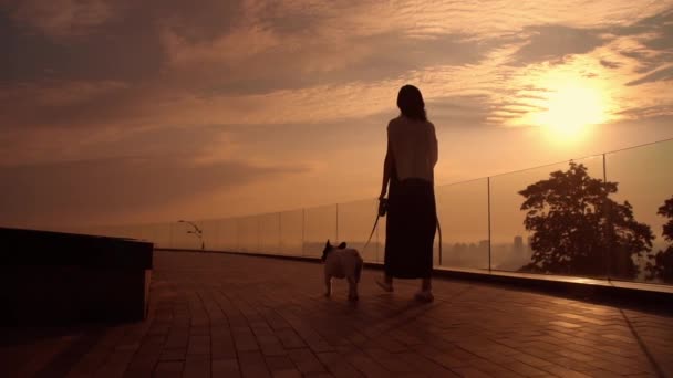 Vista para trás de uma mulher caminhando ao longo da colina — Vídeo de Stock