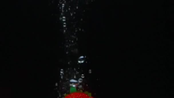 Aardbeien drijvend op het water — Stockvideo