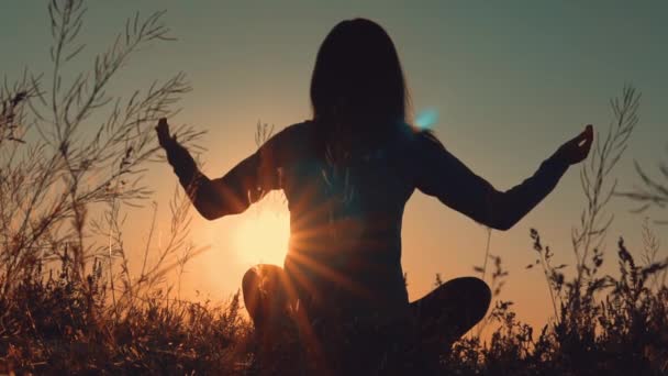 Вид ззаду на жінку, що медитує на відкритому повітрі — стокове відео