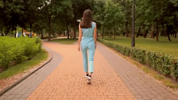 Bakifrån Girl Walks i sommarpark — Stockvideo