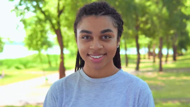 Retrato de alegre fêmea com afro penteado ao ar livre fundo — Vídeo de Stock