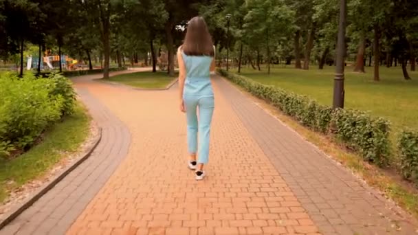 Vista posteriore allegra donna caucasica che cammina parlando per telefono per strada nel parco della città — Video Stock