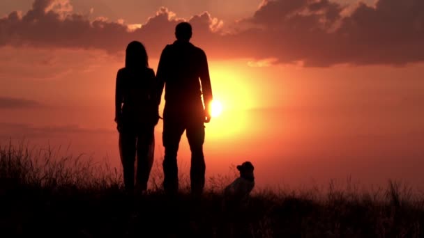 Personnes heureuses avec chien regardant le soleil levant — Video